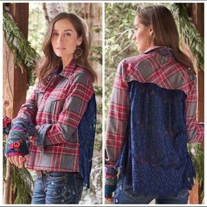 Sundance Plaid Wool Shacket Lace Back Button Down Cabin Barn Coat 10 Pockets
